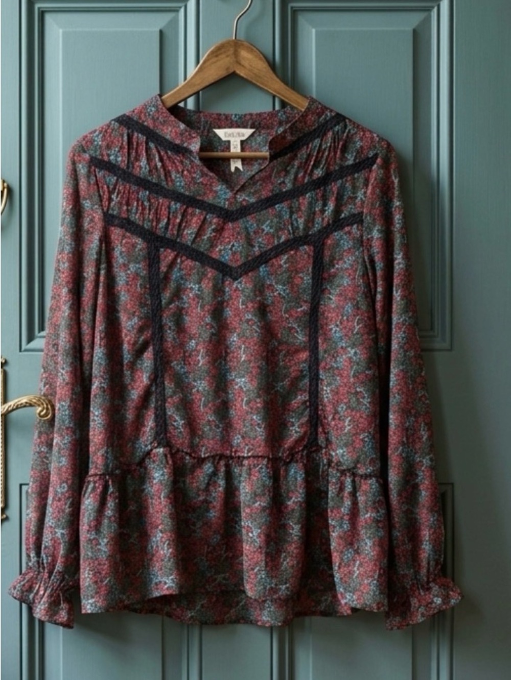 Matilda Jane Burgundy and Teal Floral Peplum Blouse with Black Trim